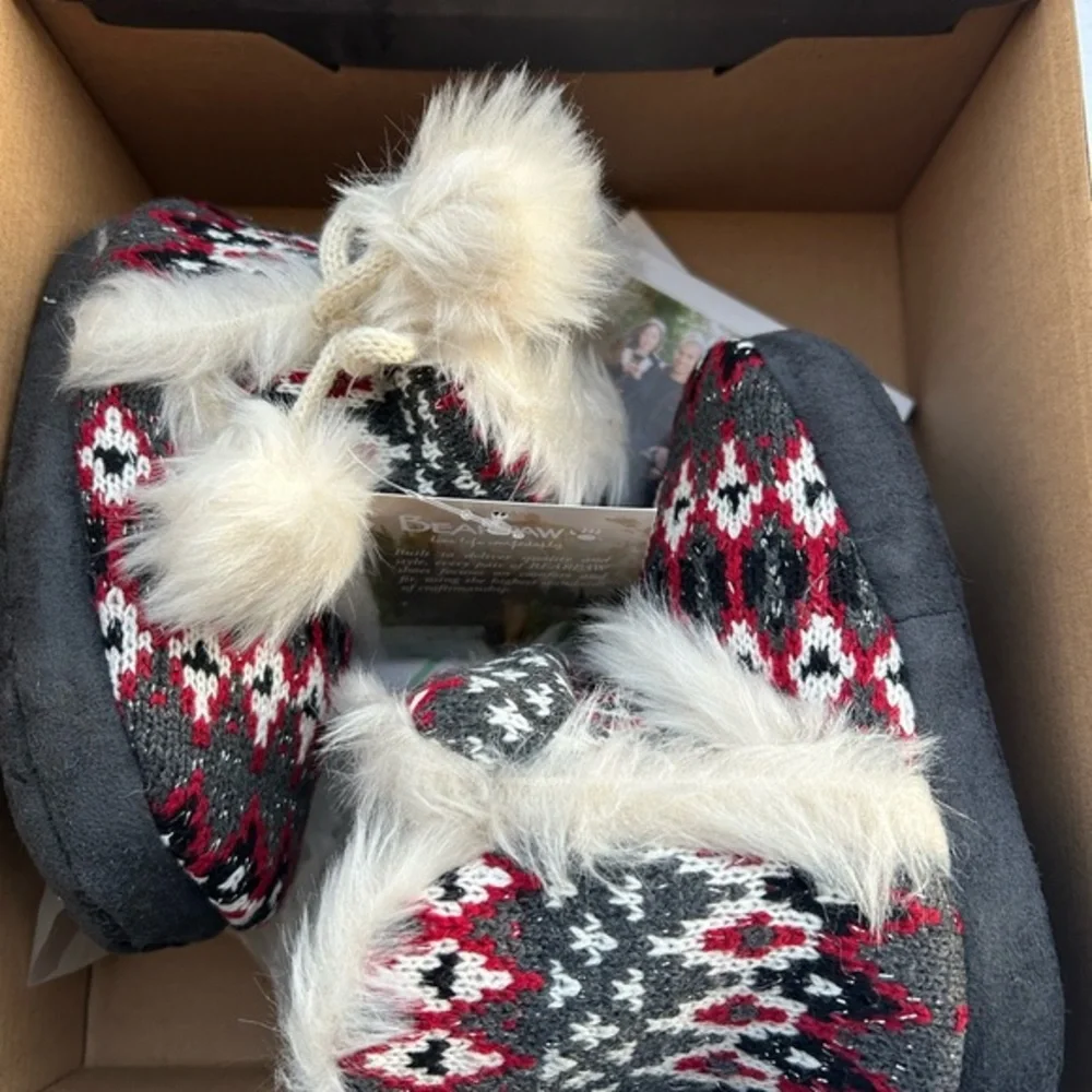 Bearpaw Kinsley Youth Slippers Red Holiday Fair Isle Knit Faux Fur Bootie 2640YB